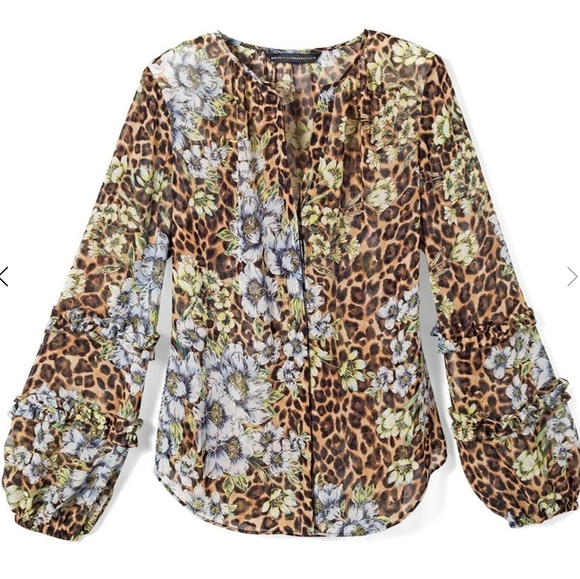 White House Black Market Leopard Floral Chiffon Blouse M - Picture 5 of 12